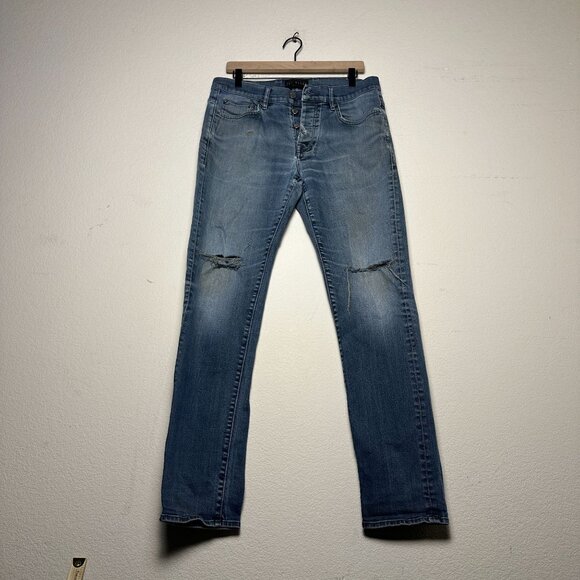 Y2K Ted Baker Denim Jean Pant Men 34 Blue Distressed Torn Slim Straight Fit - Picture 1 of 15